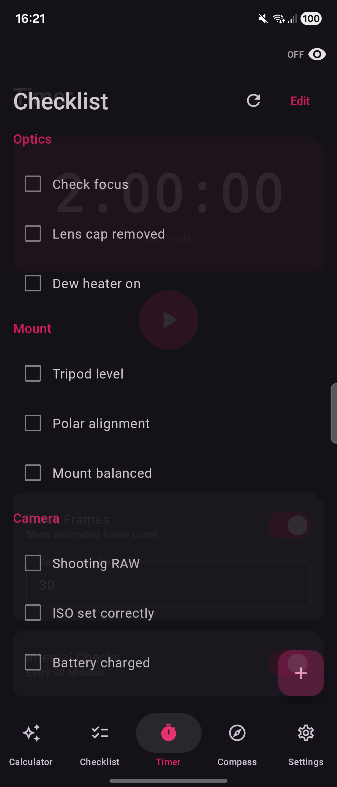Sidereal Checklist - Session planning checklist